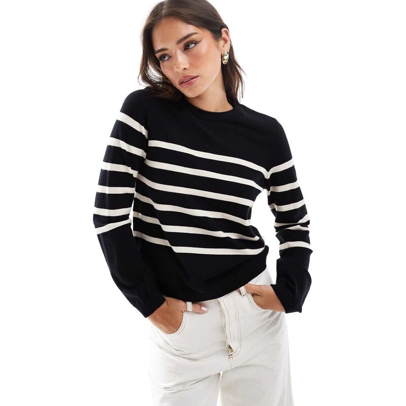 Vero Moda crew neck jumper in black with cream stripes