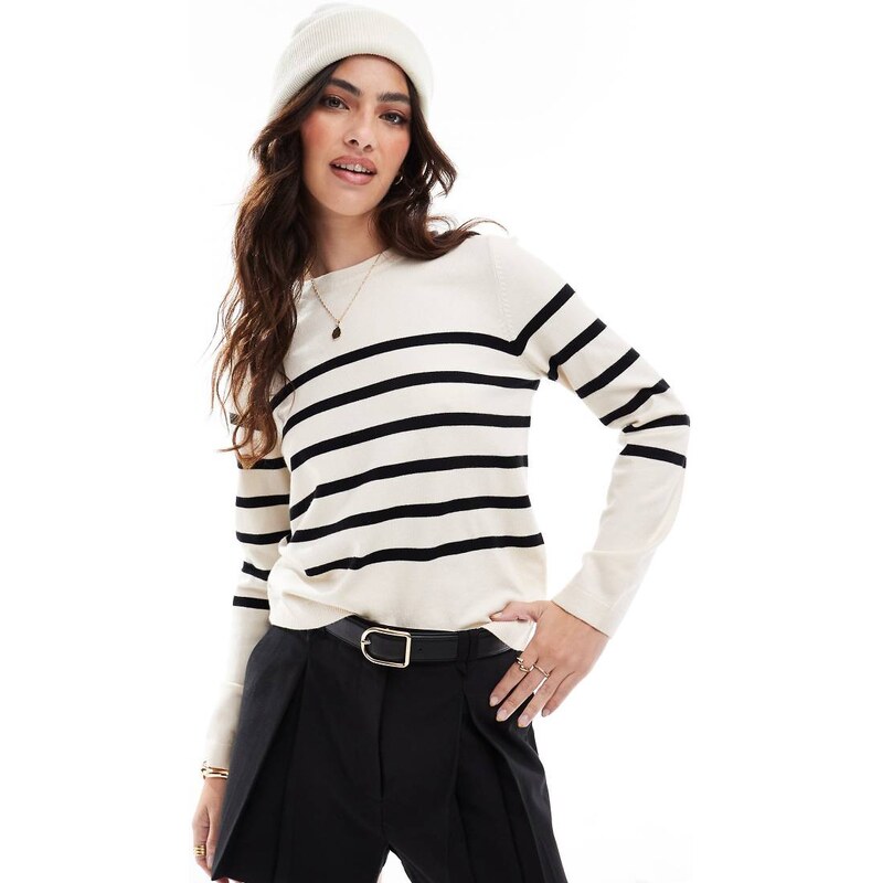 Vero Moda crew neck jumper in cream with black stripes-White