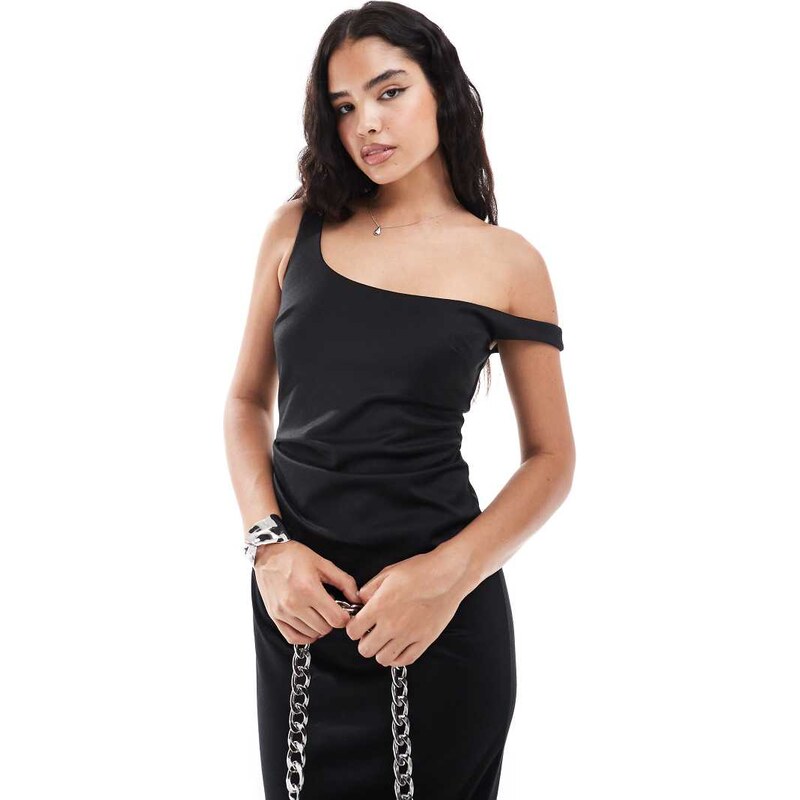 ASOS DESIGN fallen shoulder ponte midi dress in black 100128344