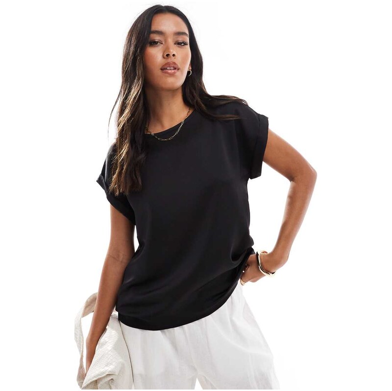 Vila satin front t-shirt with turn up sleeve in black