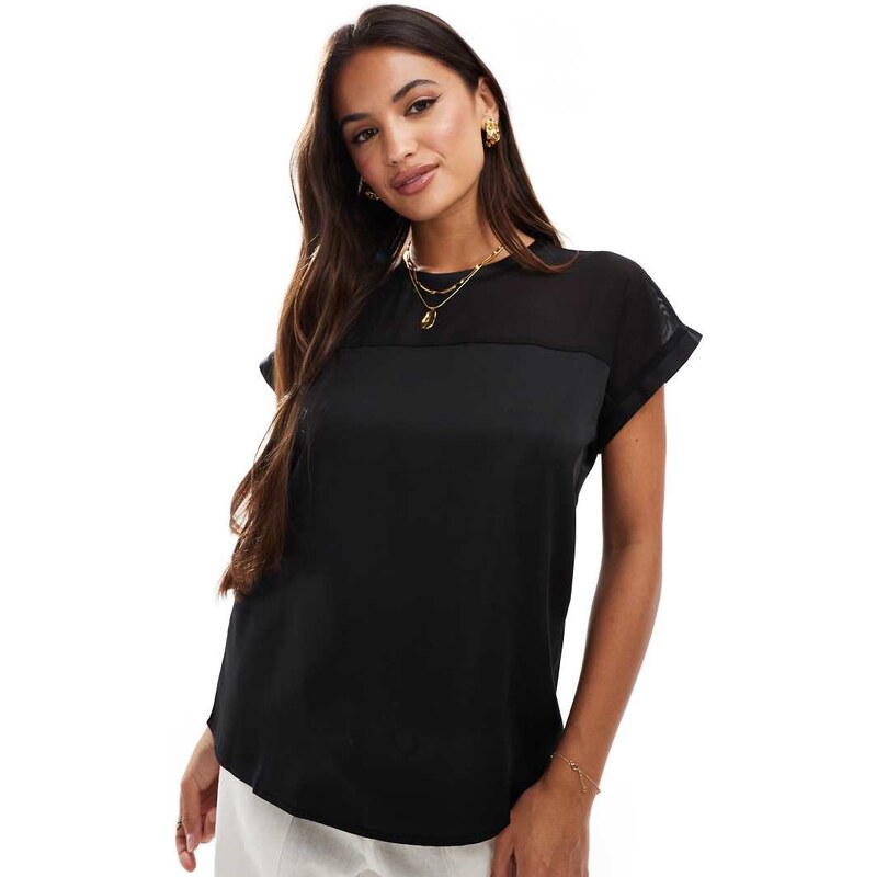 Vila mesh detail t-shirt with turn up sleeve in black