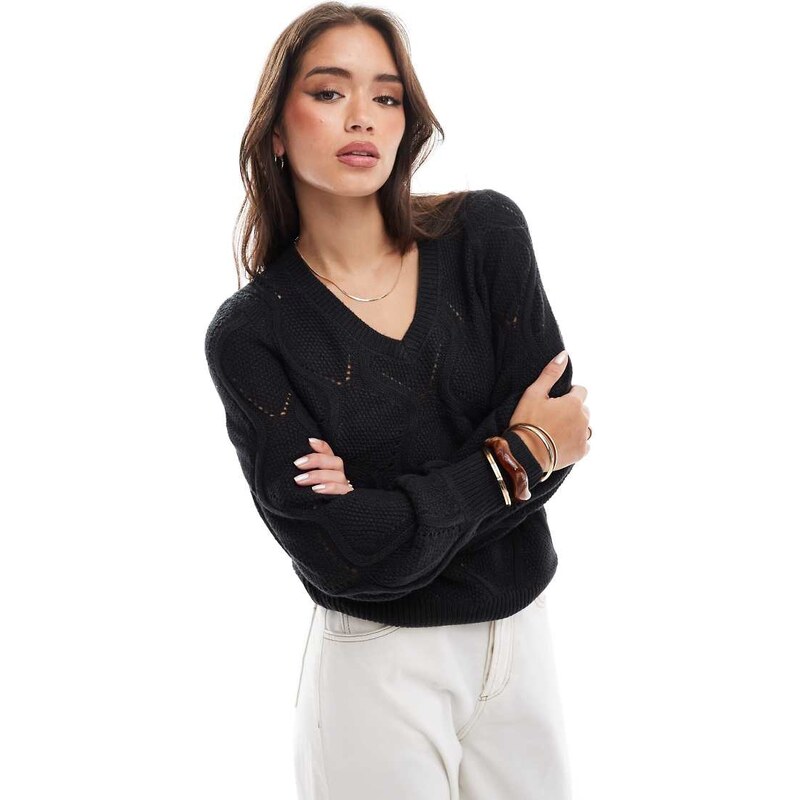 Vila crochet detail v neck knitted jumper in black 100137128