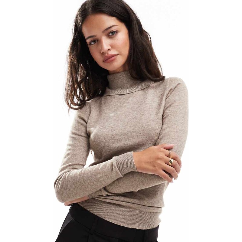 Object long sleeve roll neck knitted top in desert taupe-Brown 115509945