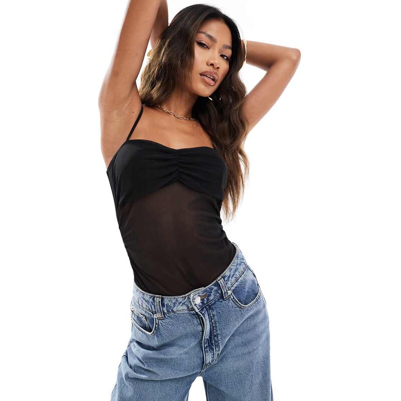 ASOS DESIGN ruched bust mesh bodysuit in black 100138915