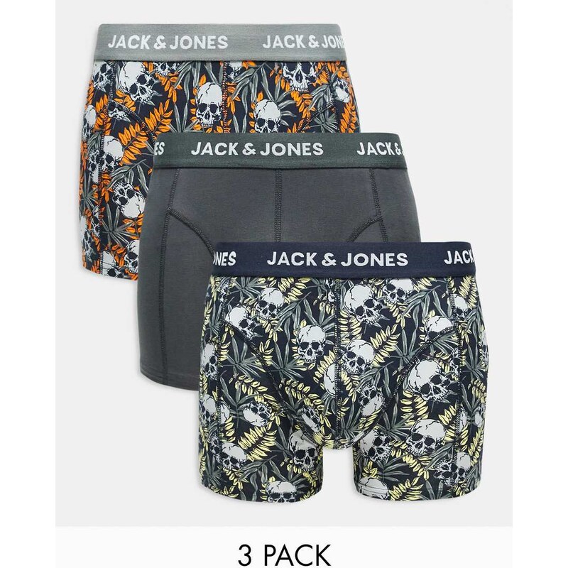 Jack & Jones 3 pack trunks in skull print in navy