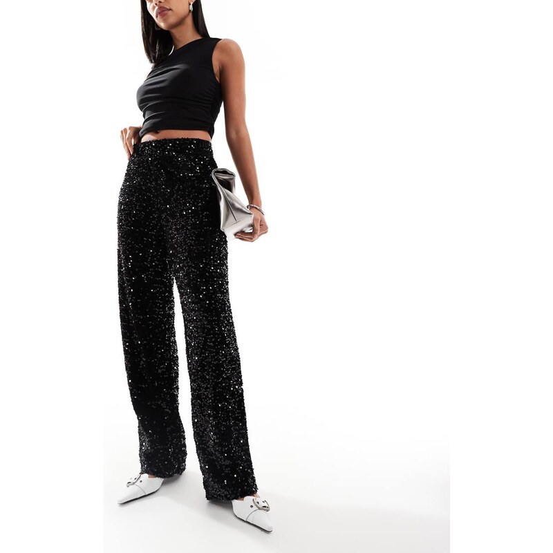 Pieces wide leg velour sequin trousers in black 112974699