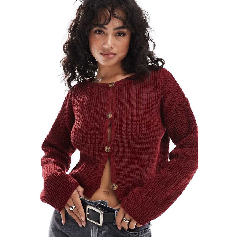 ASOS DESIGN crew neck cardigan in rib in burgundy-Red