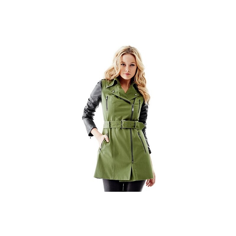 Kabát Guess Quilted Faux Leather-Sleeve Trench Coat invasion green