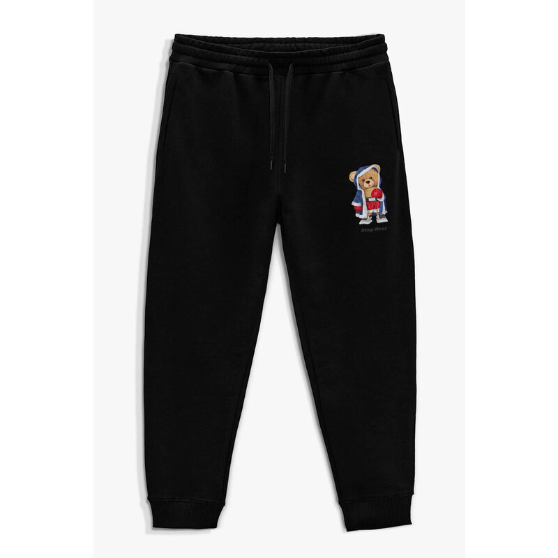Tepláky Jogger , Barva Černá, s Potiskem Stay Real Teddy