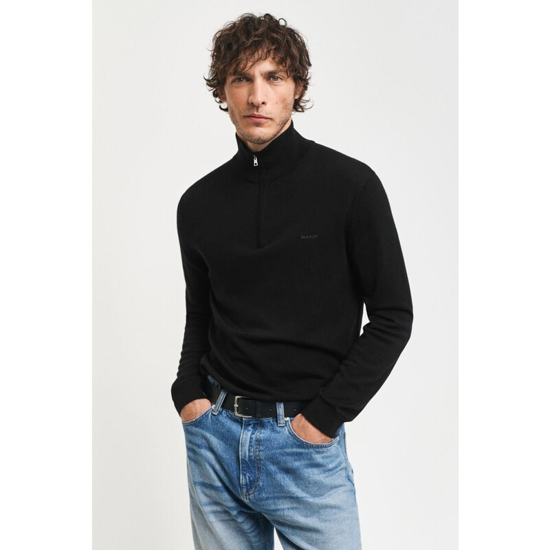 SVETR GANT EXTRAFINE MERINO WOOL HALF ZIP BLACK