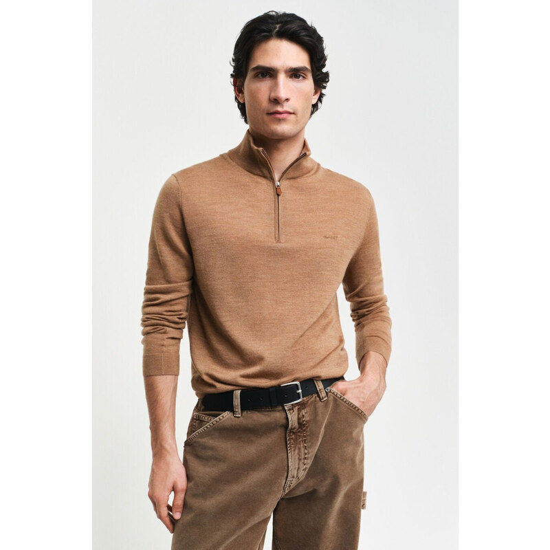 SVETR GANT EXTRAFINE MERINO WOOL HALF ZIP DK. SAND MELANGE