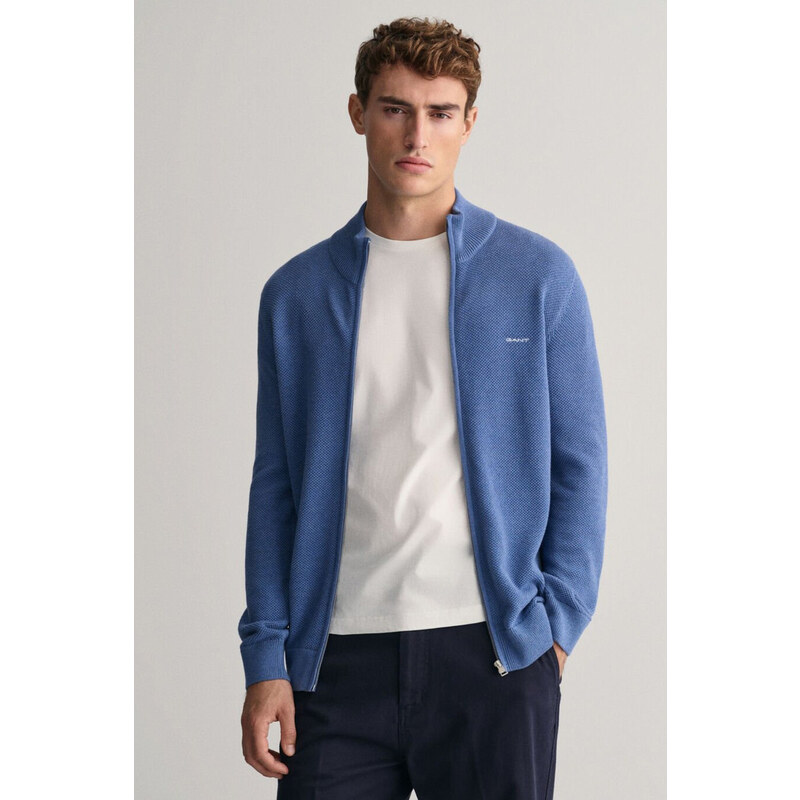 SVETR GANT COTTON PIQUE ZIP CARDIGAN DENIM BLUE MELANGE