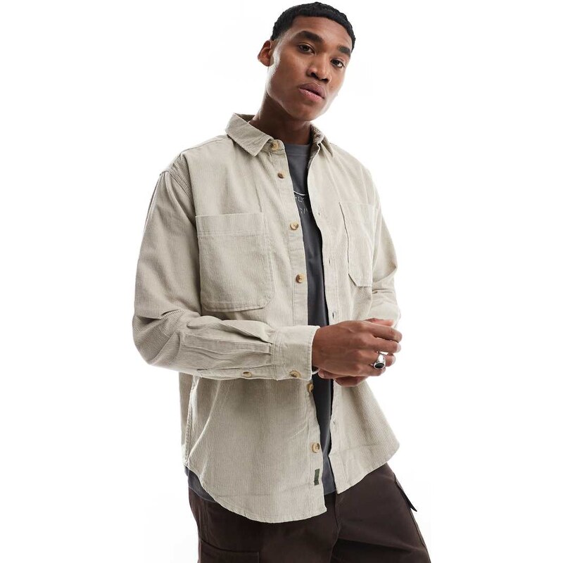 ONLY & SONS cord overshirt in beige-White
