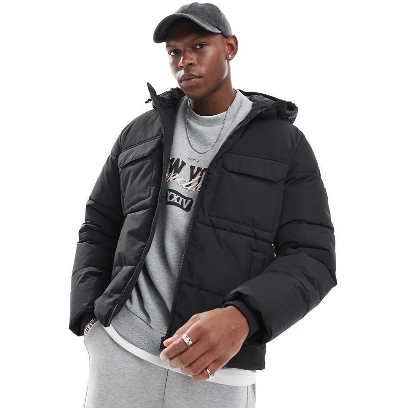 ONLY & SONS padded puffer with hood & utility pockets in black