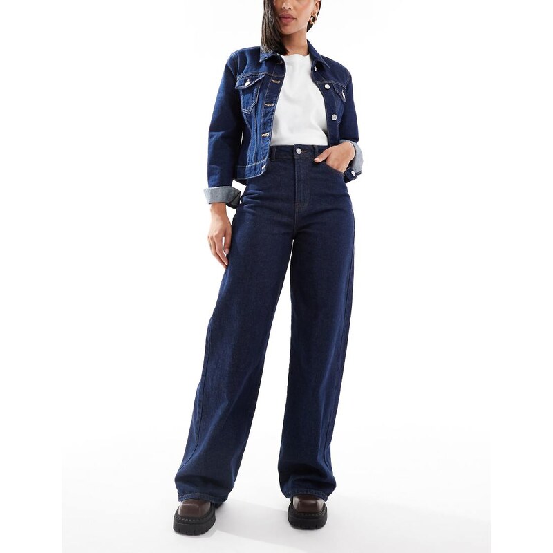 Pieces Selma high waisted wide leg jeans in dark blue denim