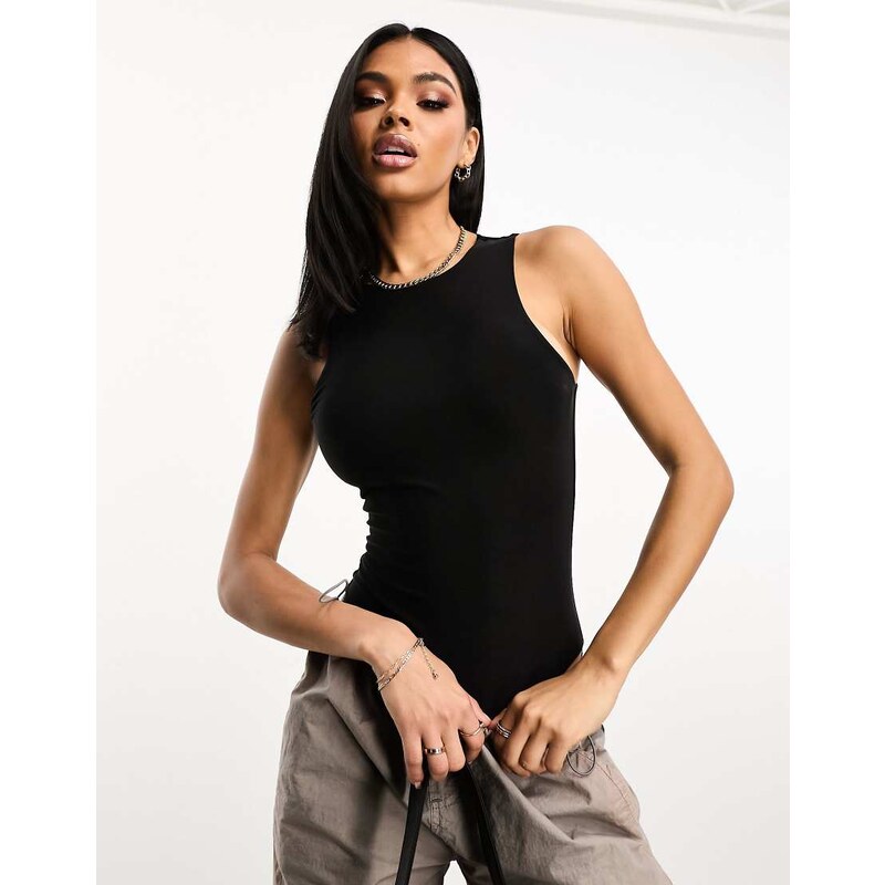 ASOS DESIGN slinky double layer racer bodysuit in black 106546904