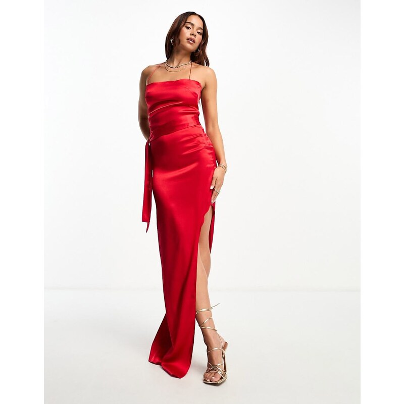 Vesper bengaline halter neck maxi dress with side split in red 100230524