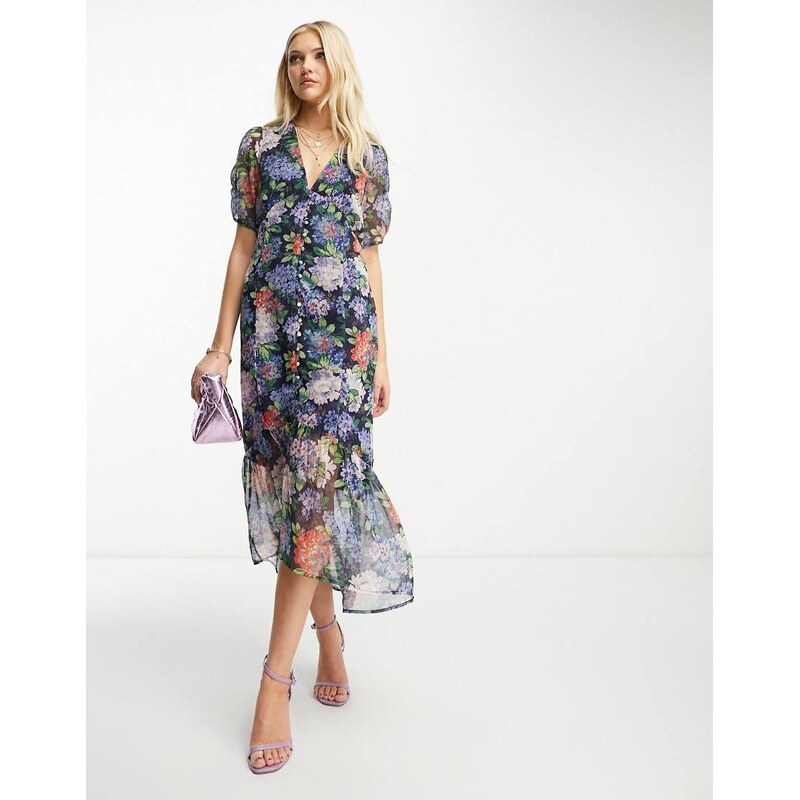 Hope & Ivy puff sleeve midi tea dress in blue floral