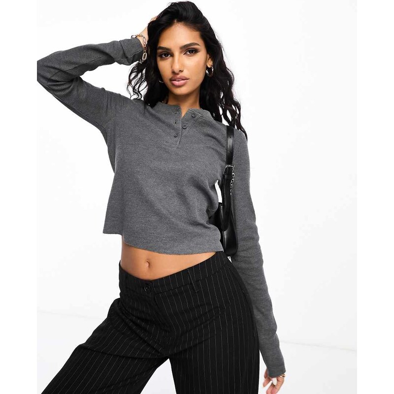 ASOS DESIGN long sleeve henley t-shirt in waffle charcoal marl-Grey 100247162