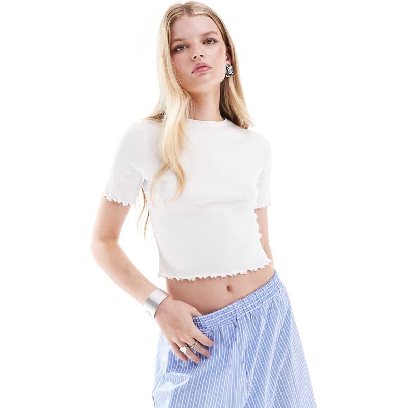 COLLUSION lettuce edge ribbed t-shirt in white