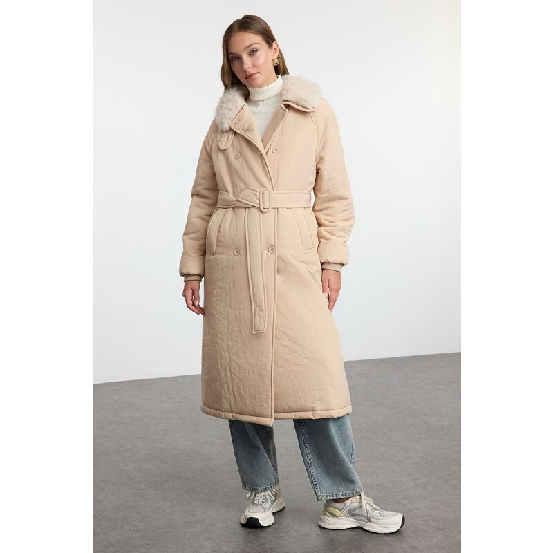 Trendyol Mink Oversize Molded Collar Plush Detail Belted Water 107081732