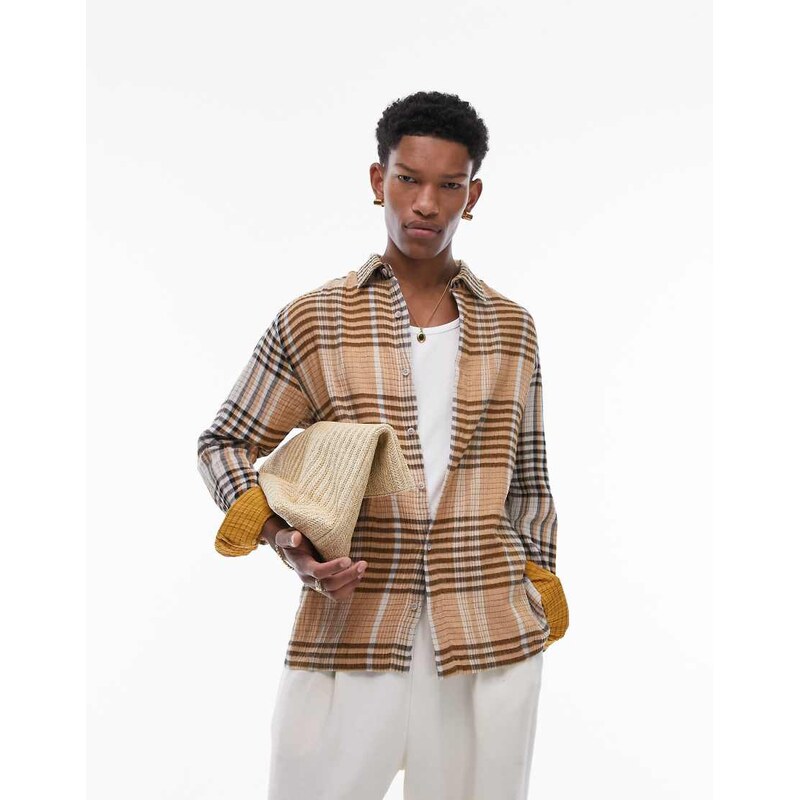 Topman long sleeve relaxed textured checked shirt in orange and