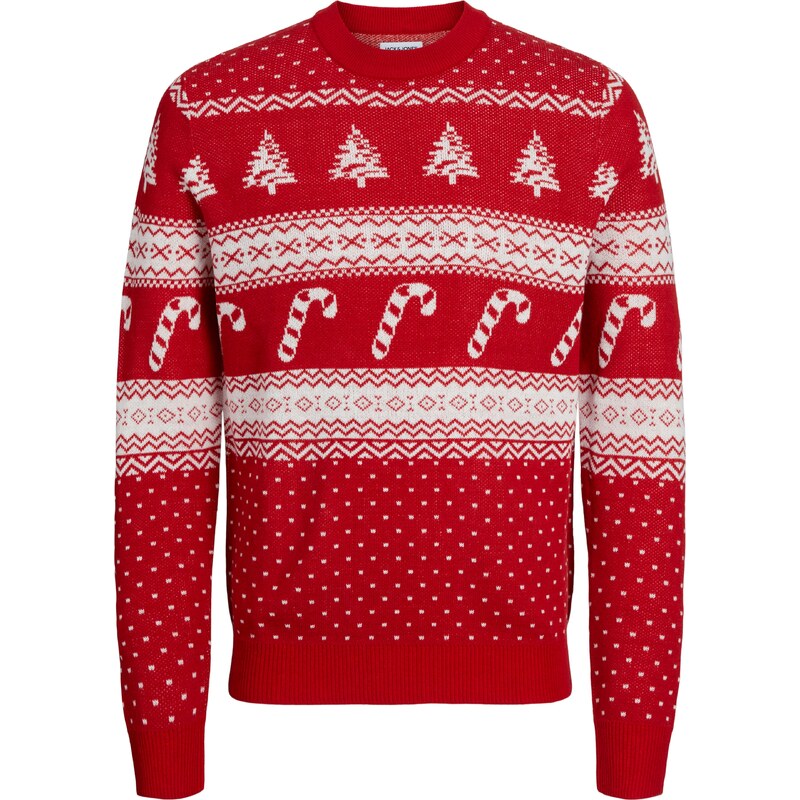 JACK & JONES Svetr JJXmas Gabriel rubínově červená / bílá
