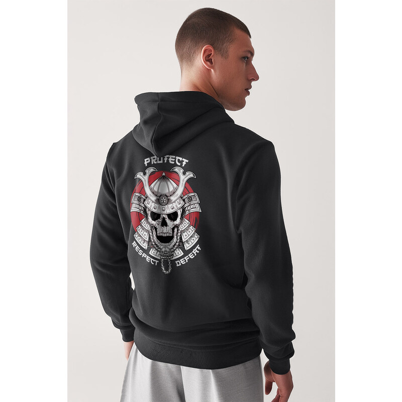Mikina s Kapucí na Zip, Barva Železitě Šedá, s Potiskem Samurai