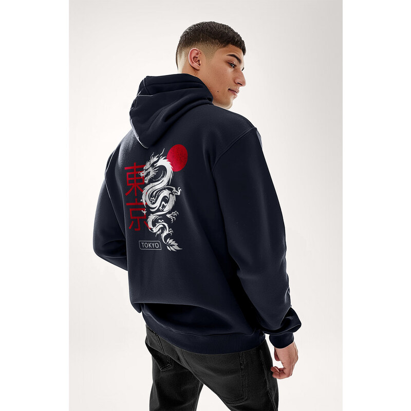 Mikina s Kapucí na Zip, Barva Modrá, s Potiskem Tokyo Rising
