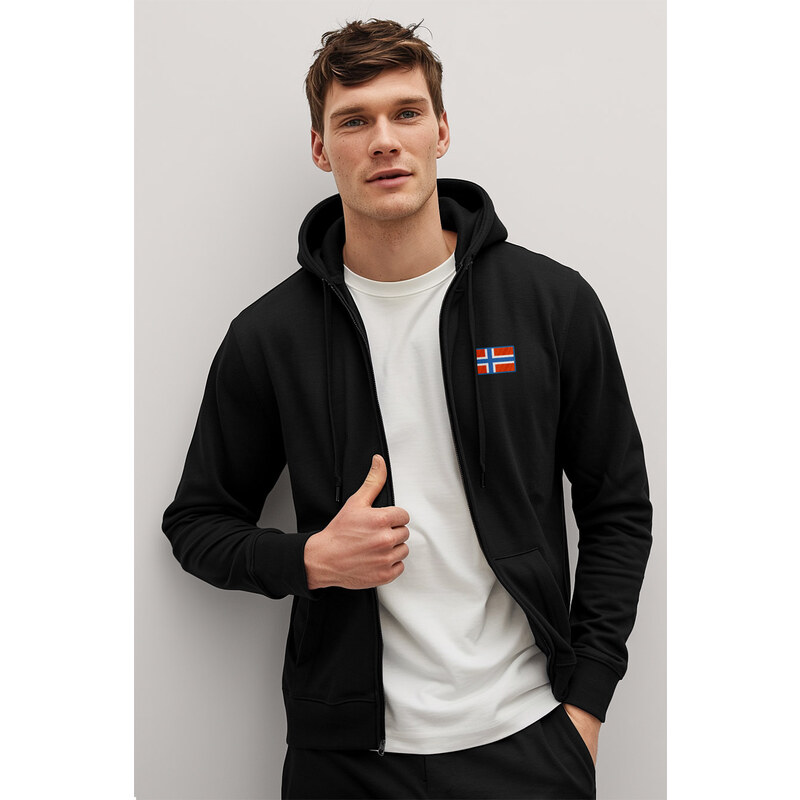 Mikina s Kapucí na Zip, Barva Černá, s Potiskem Norwegian Flag