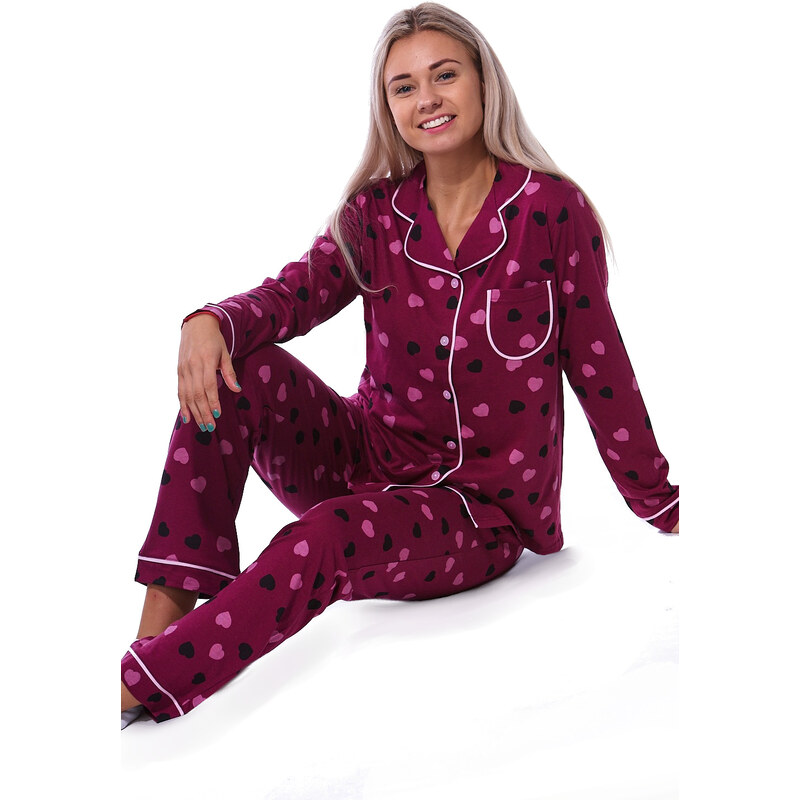 Naspani Vínové srdíčkové elegantní pyžamo celopropínací pro ženy