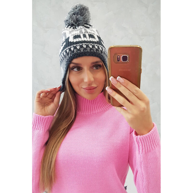 K-Fashion Rosa dámská čepice s bambulí K368 bílá+grafitová+tmavě