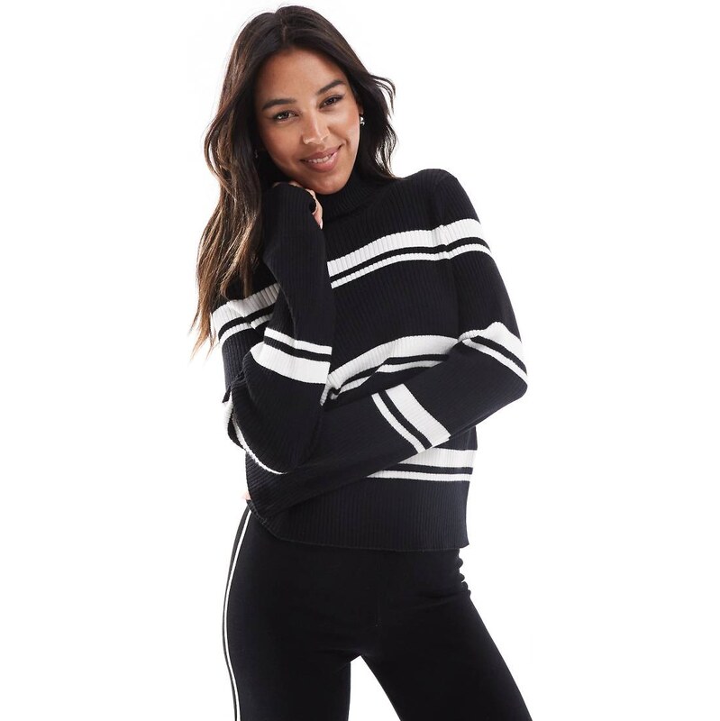 Pieces striped roll neck top in black and white 100328186