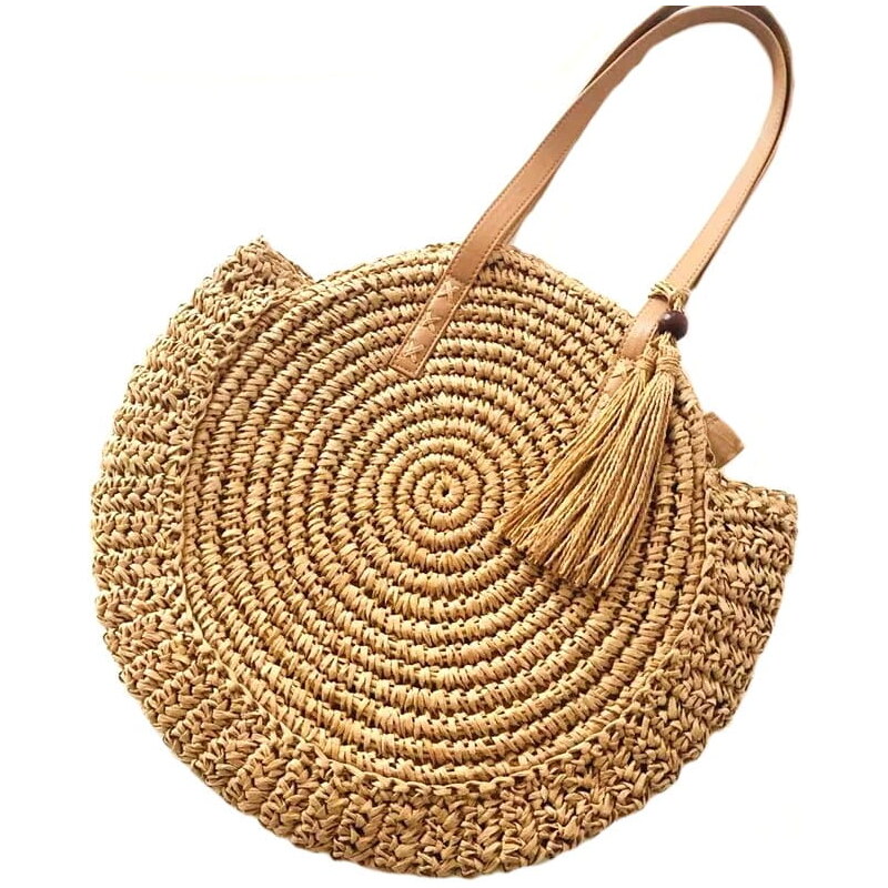 Camerazar Velká Slaměná Taška v Boho Stylu, Světlá/Tmavá, Rafie s 103723927