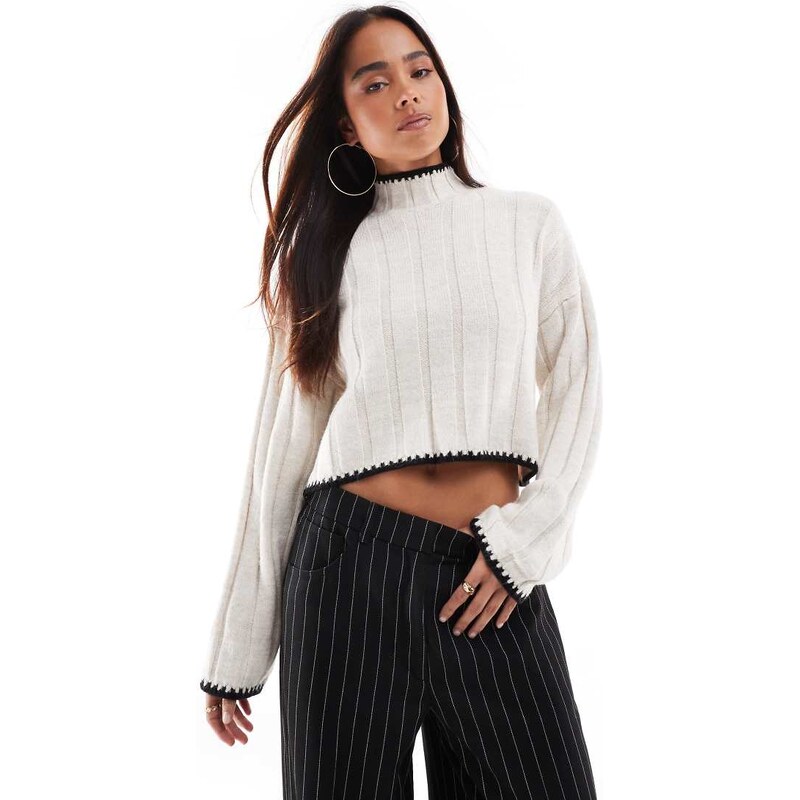 ONLY contrast trim knitted cropped jumper in stone-Neutral