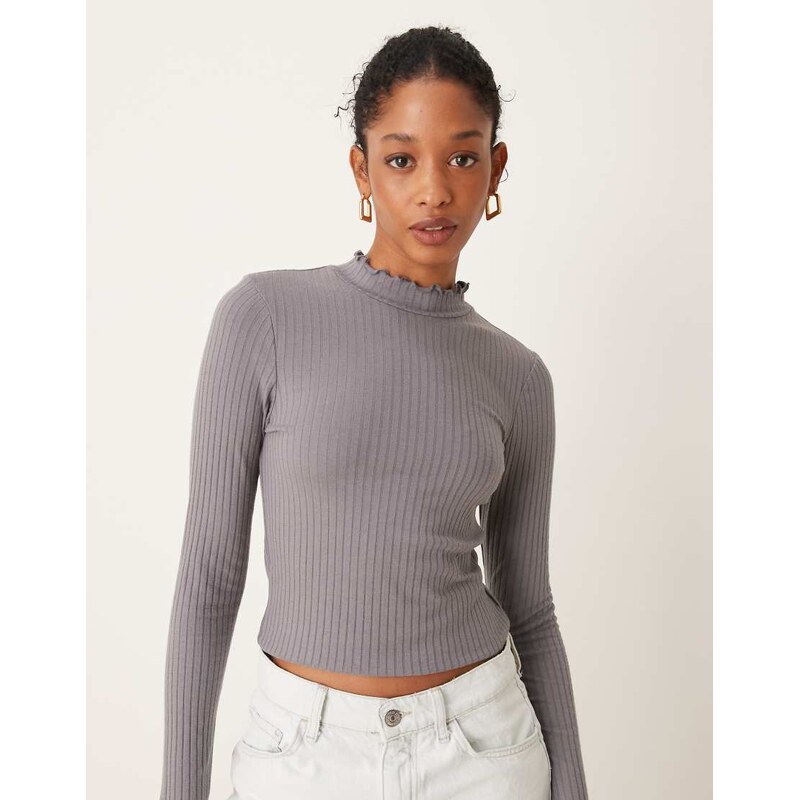 JDY high neck long sleeve top in grey 115624258