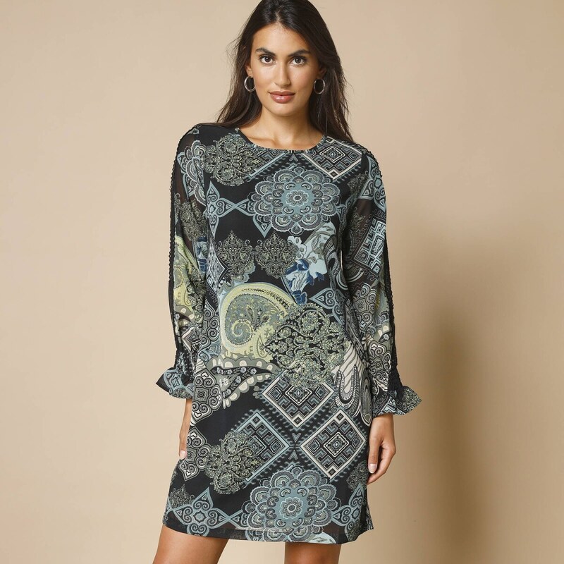 Blancheporte Rovné šaty s potiskem patchwork khaki/modrá