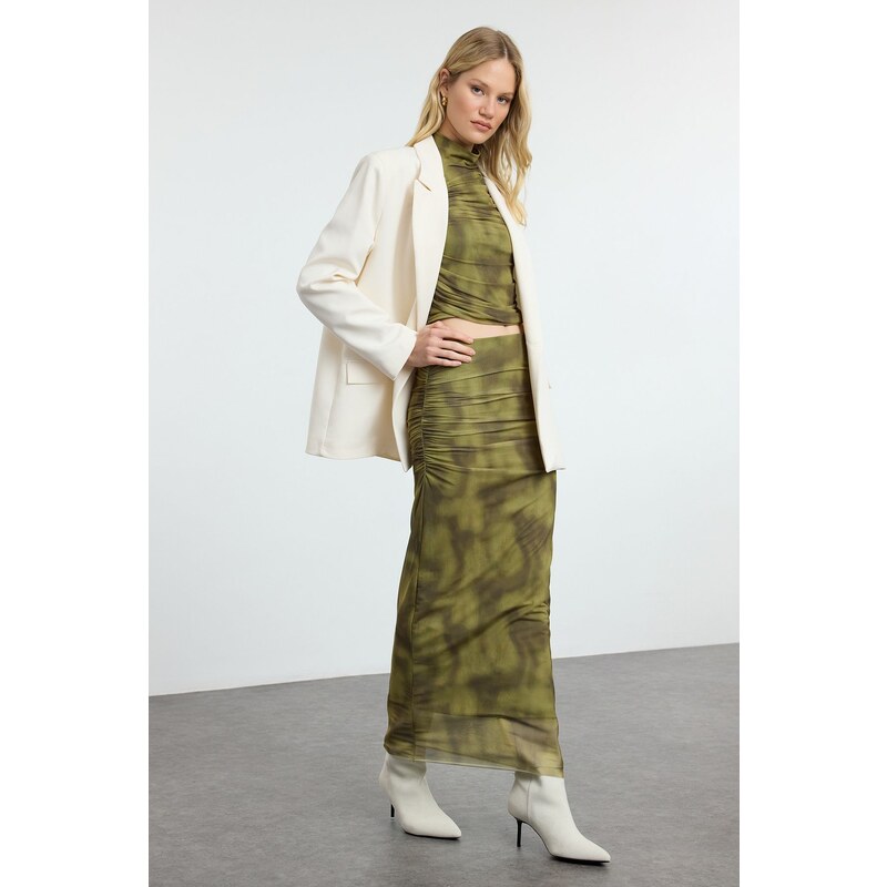 Trendyol Green Draped Maxi Tulle Stretchy Knitted Skirt