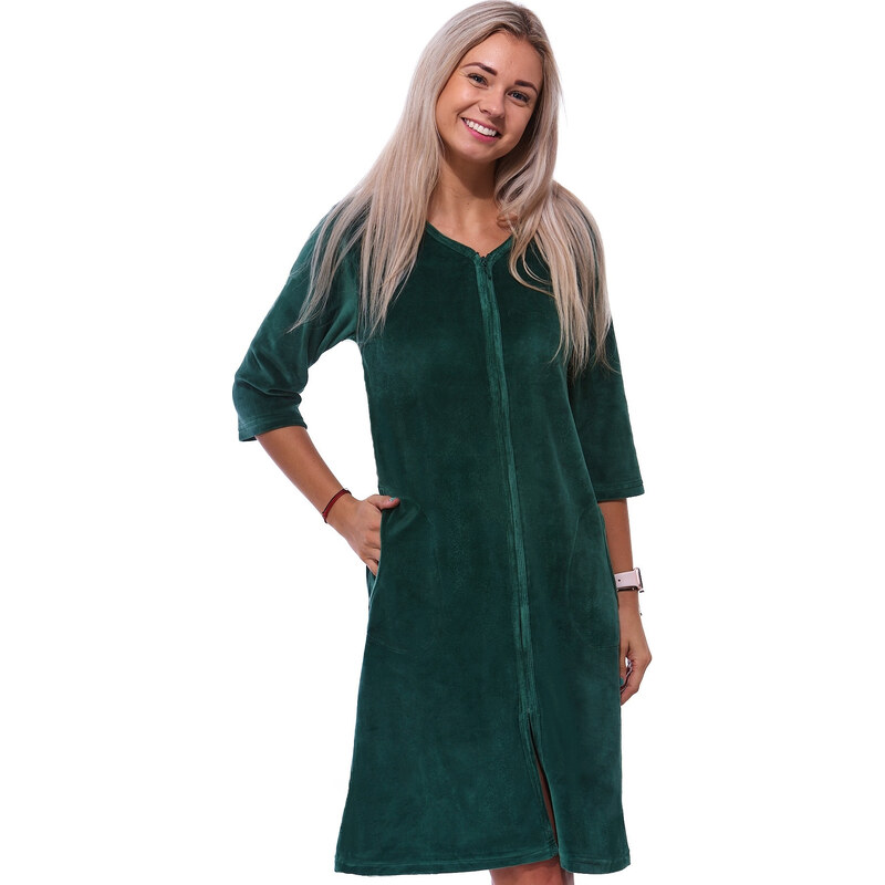 Naspani Zelený elegantní hřejivý župan na zip ze sametu - velur