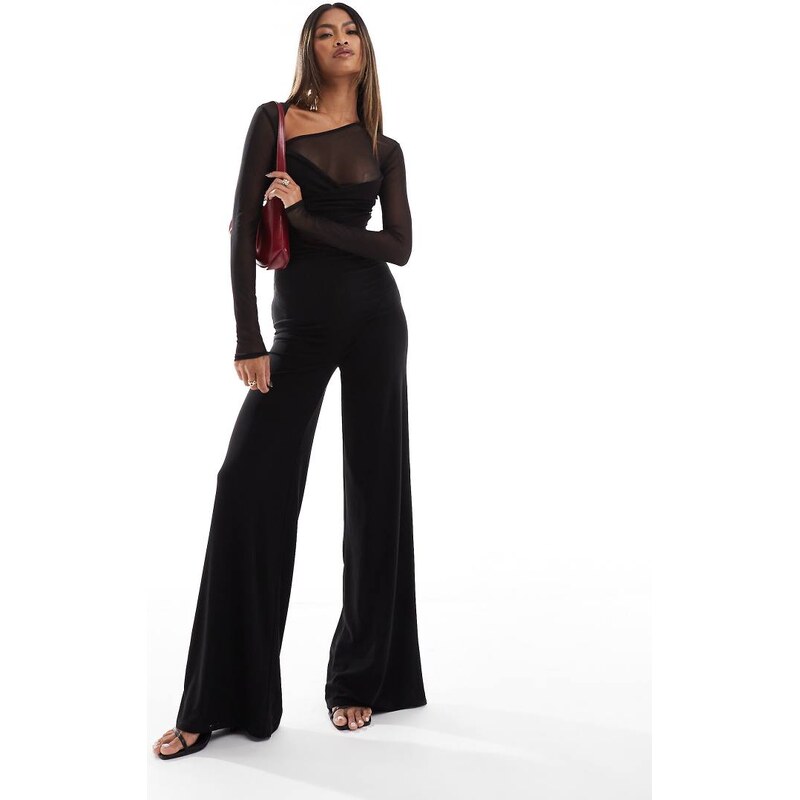 ASOS DESIGN long sleeve mesh mix jumpsuit with twist bust in black 100375121
