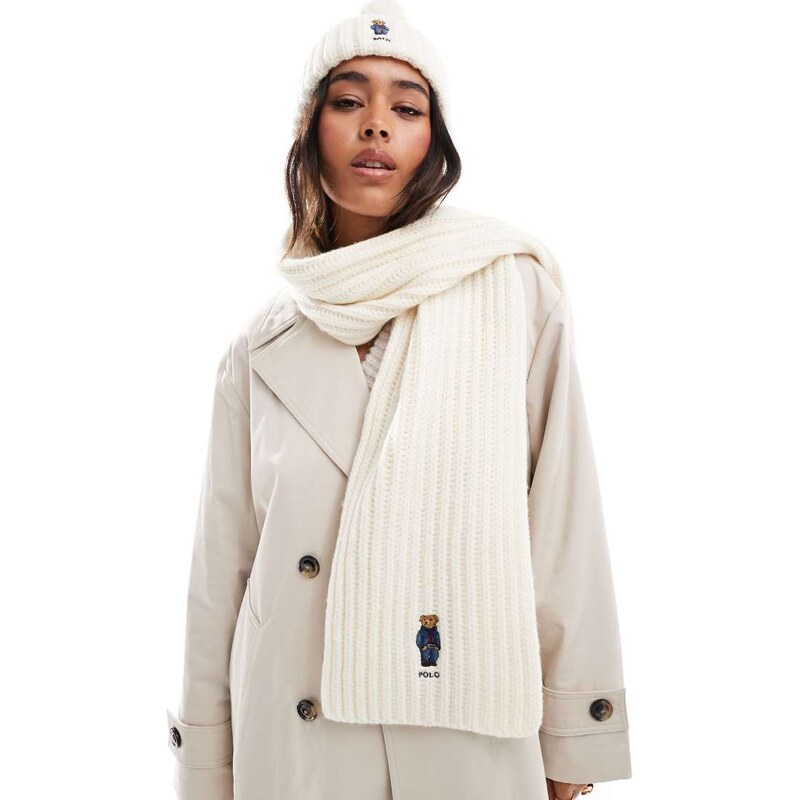 Polo Ralph Lauren knit scarf with bear logo in cream-White