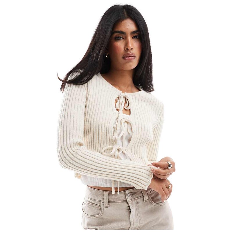 Stradivarius STR tie front cardigan in ecru-Neutral 115718590