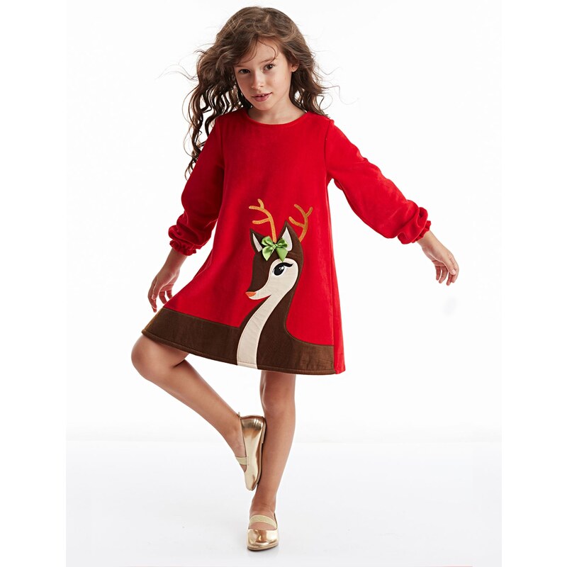 Denokids Fawn Girl Velvet Red Christmas Dress