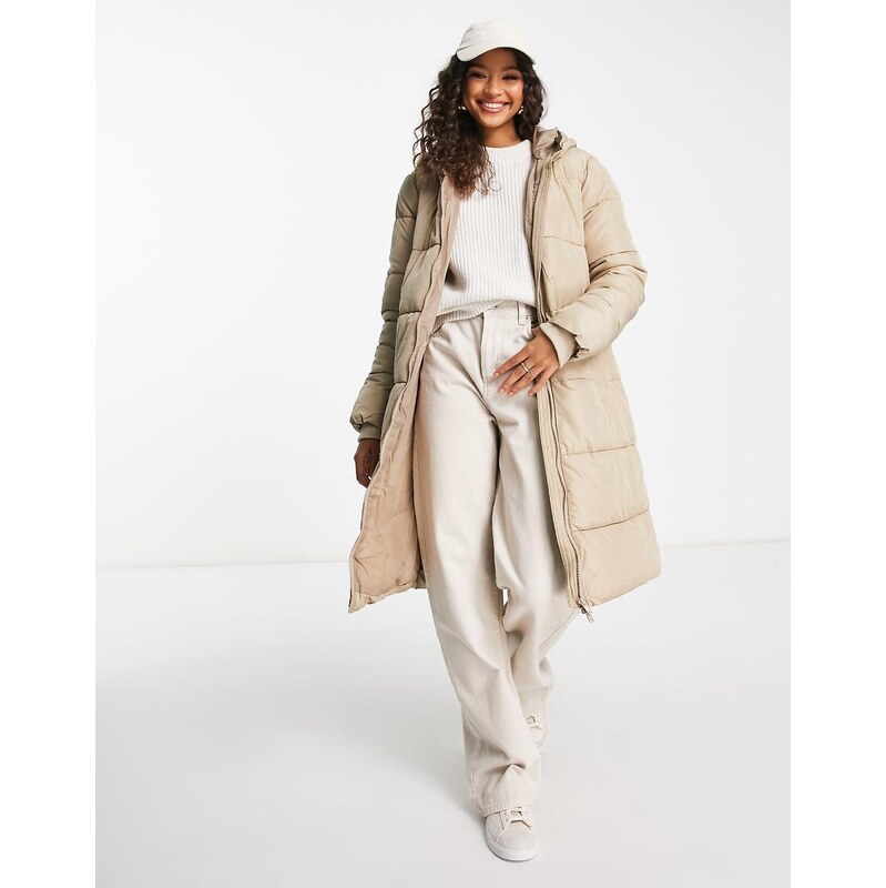 Pieces longline padded coat with hood in soft beige-Neutral 112402735