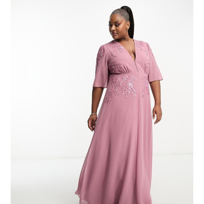 Hope & Ivy Plus plunge front embellished maxi dress in mauve