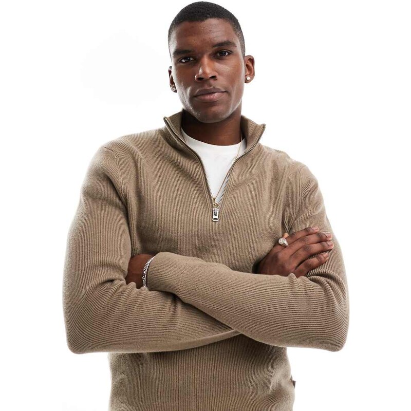 ONLY & SONS ribbed half zip jumper in light brown
