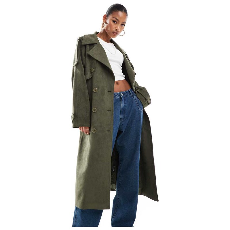 Aria Cove faux suede belted trench coat in khaki-Green 103710330
