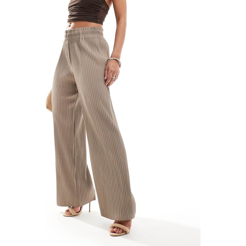 YAS high waisted wide leg plisse trousers in beige - BEIGE-Neutral 100418898