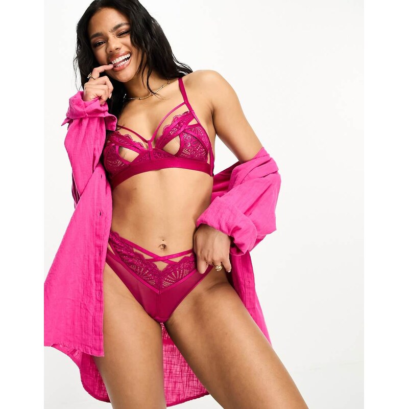 ASOS DESIGN Laurelle peep lace bindings thong in raspberry red