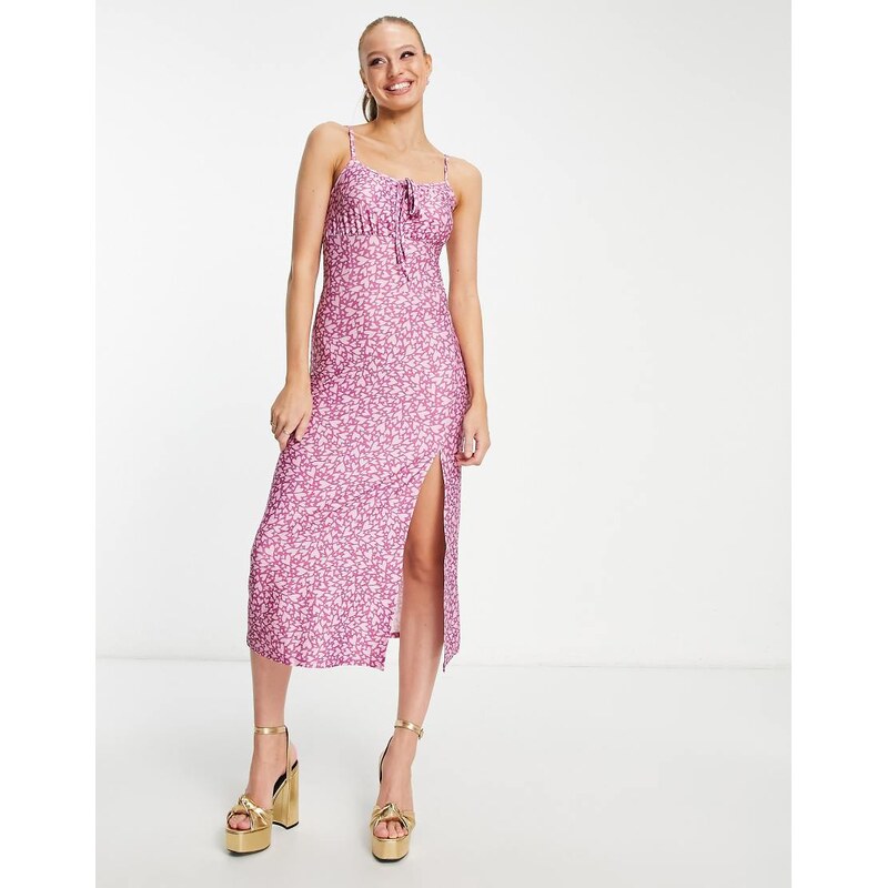 Miss Selfridge gathered bust midi slip dress in purple heart print 114930016